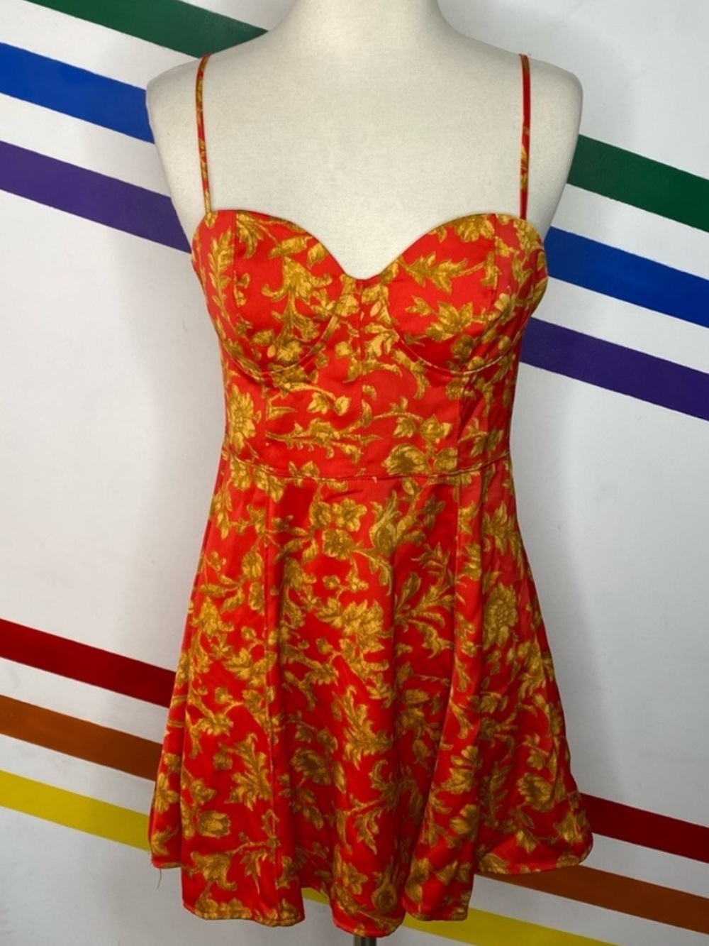 NEW Urban Outfitters Orion Bustier Mini Dress Red Gold Floral Medium
